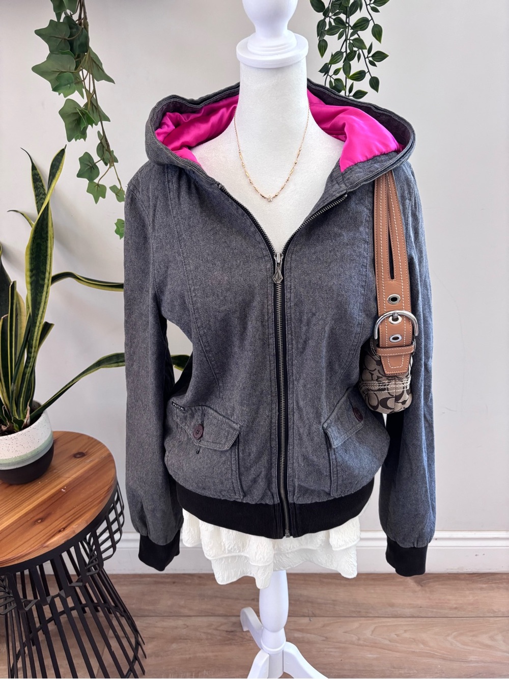 Volcom Gray Bomber Jacket with Pink Hood Lining